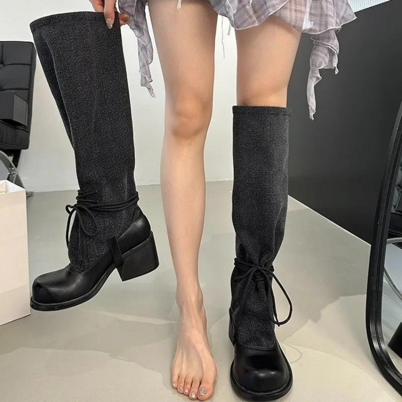 Nischendesign Langschaftstiefel Sommer Neu Retro Mädchen Klobiger Absatz Schlankmachende Ritterstiefel