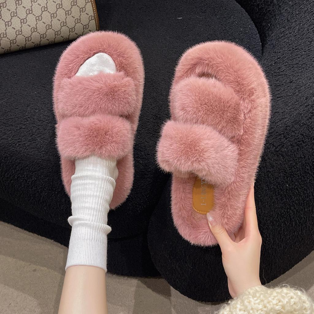 Foreign trade large-size fluffy slippers for women's outer wear 2025 new Korean version of home furnishing autumn and winter one-word thick-soled cott
