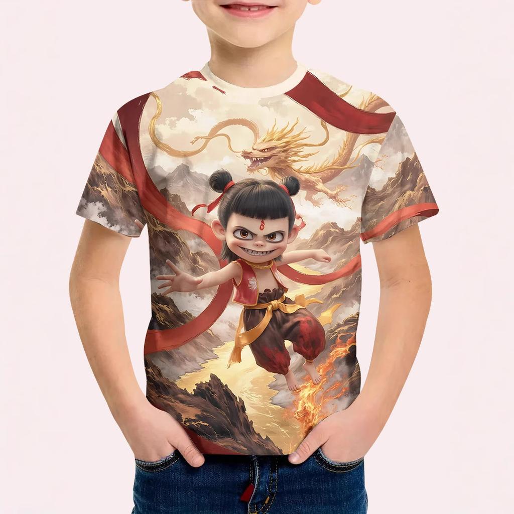 Summer Round Neck Animated Character Nezha 3D Printed Top Fashionable Casual Short Sleeved Children's Boy T-shirts