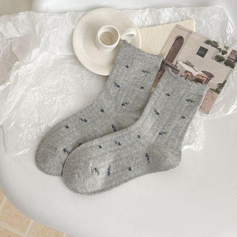 Floral White Socks - Breathable Mid-calf Socks Suitable for Spring and Autumn, Cute Frilly Socks with Multiple Layers, Summer Lightweight Long Socks