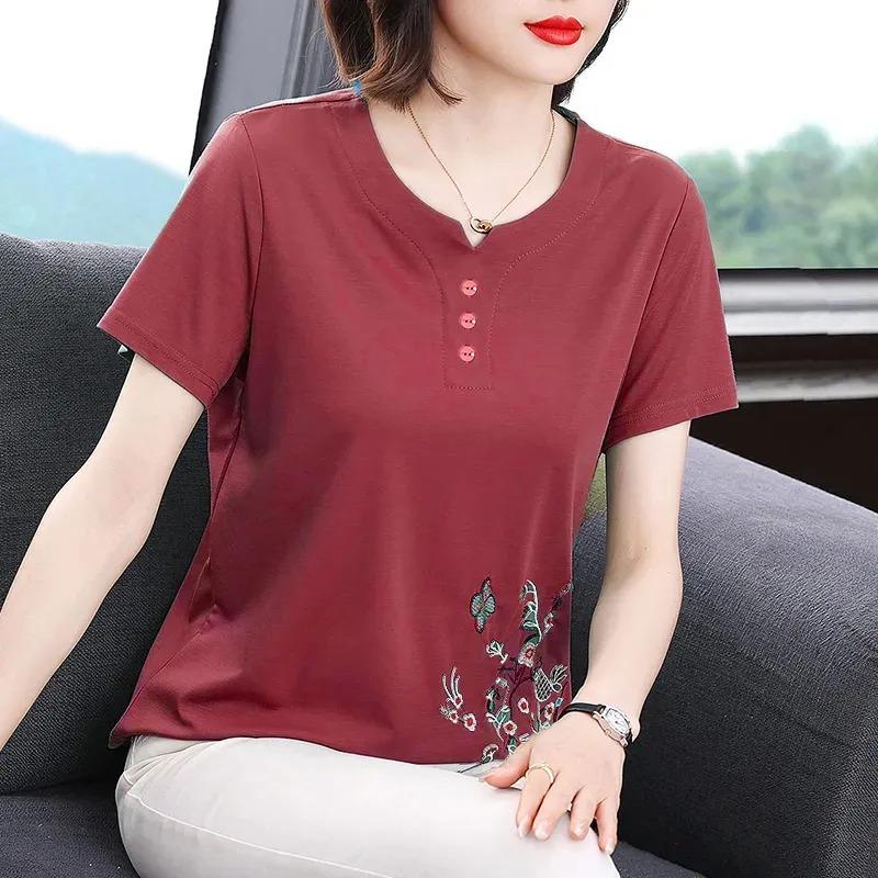 Pure Cotton Short-sleeved T-shirt Summer Loose Mother's Wear Embroidered Body Shirt Bottoming Shirt for Women