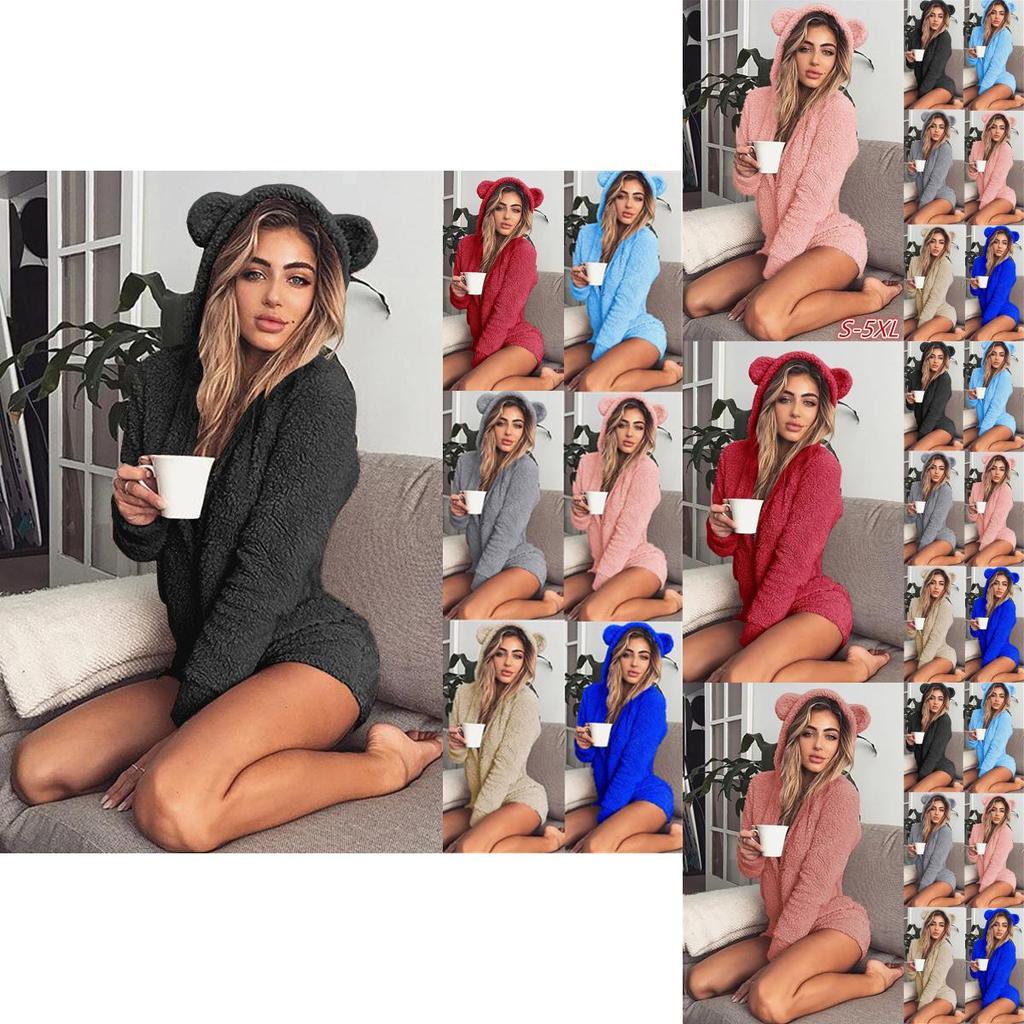 Cozy Women's Fluffy Faux Fleece Hooded Shorts Romper Pajamas Nightwear Set