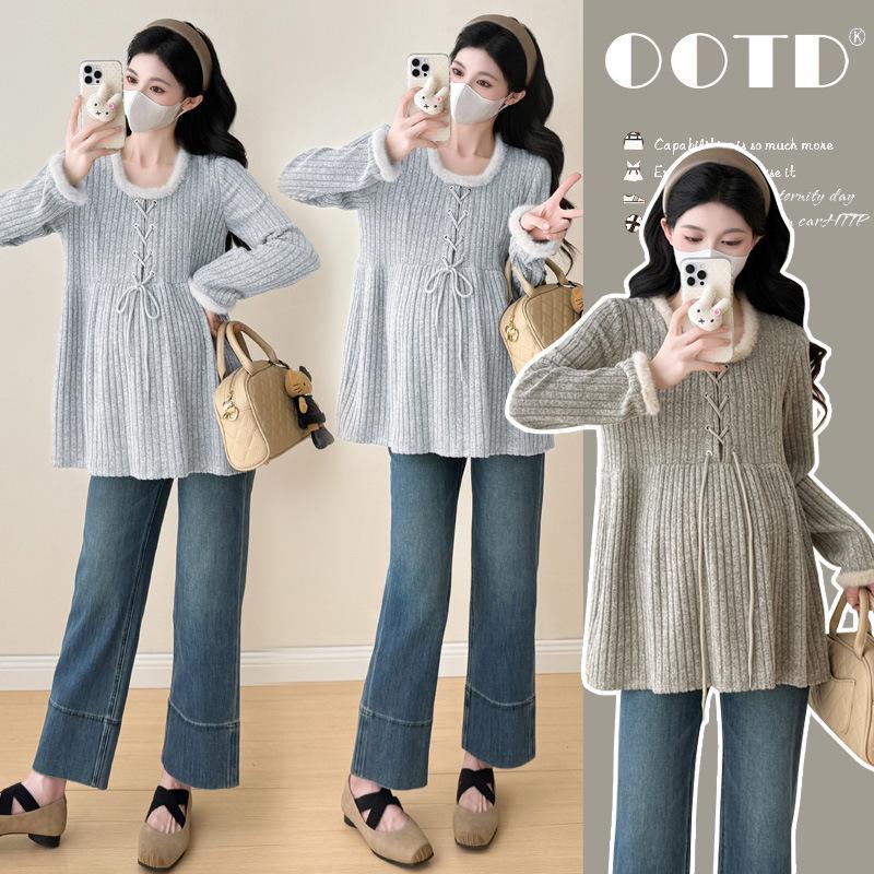 In Stock: 2026 Spring Korean Style Plush Square Neck Maternity Shirt L