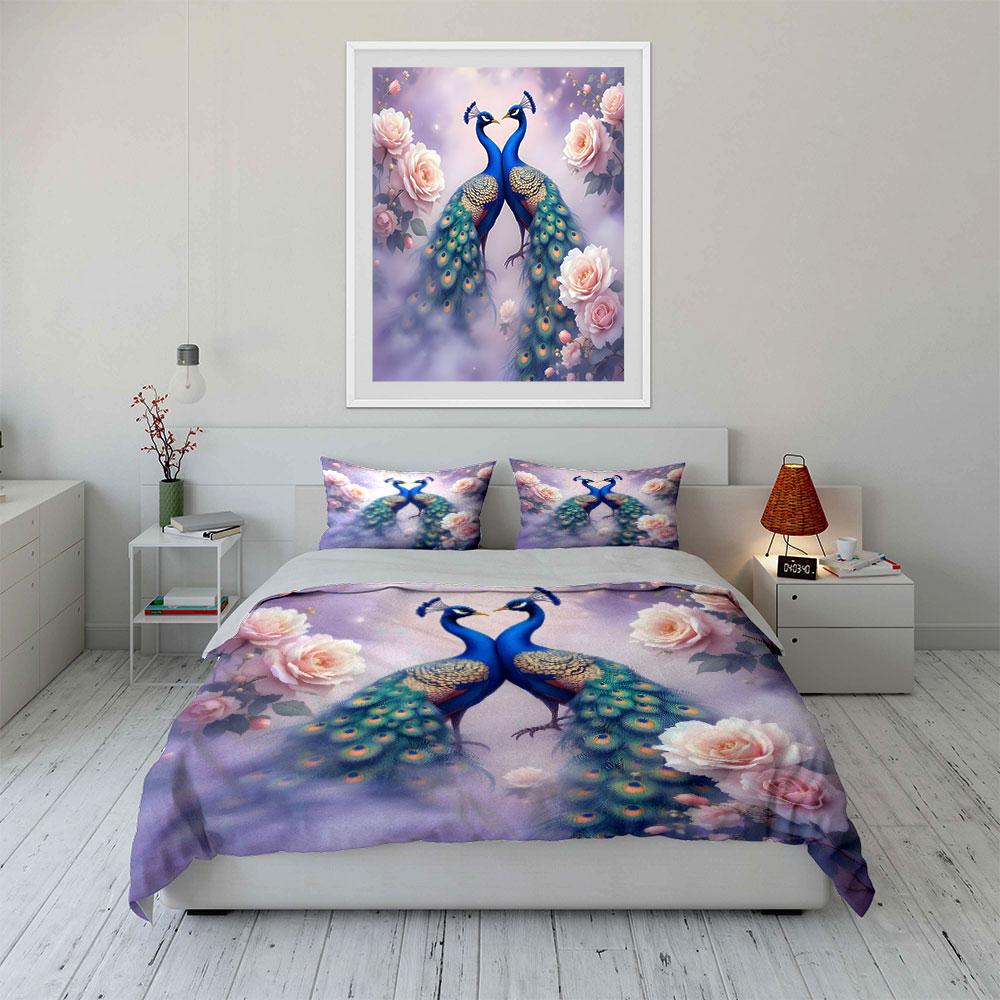 Elegant Peacocks And Pink Roses Duvet Cover Set With 3D Printing Design Soft Polyester Bedding Set All-Season Comfort