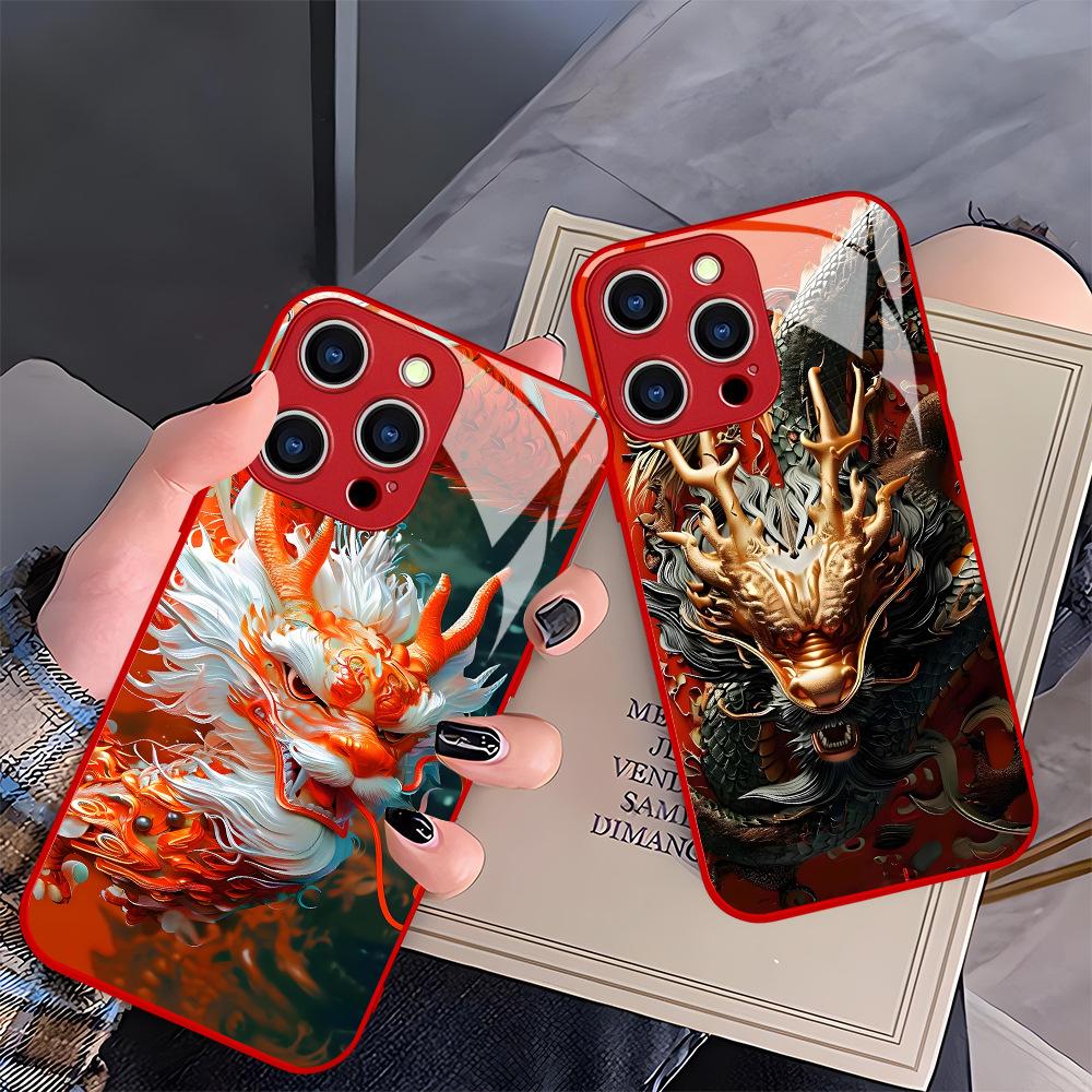 China Dragon mobile phone case Apple 16 Guochao Pixiu 14promax13 glass case iphone15 for men