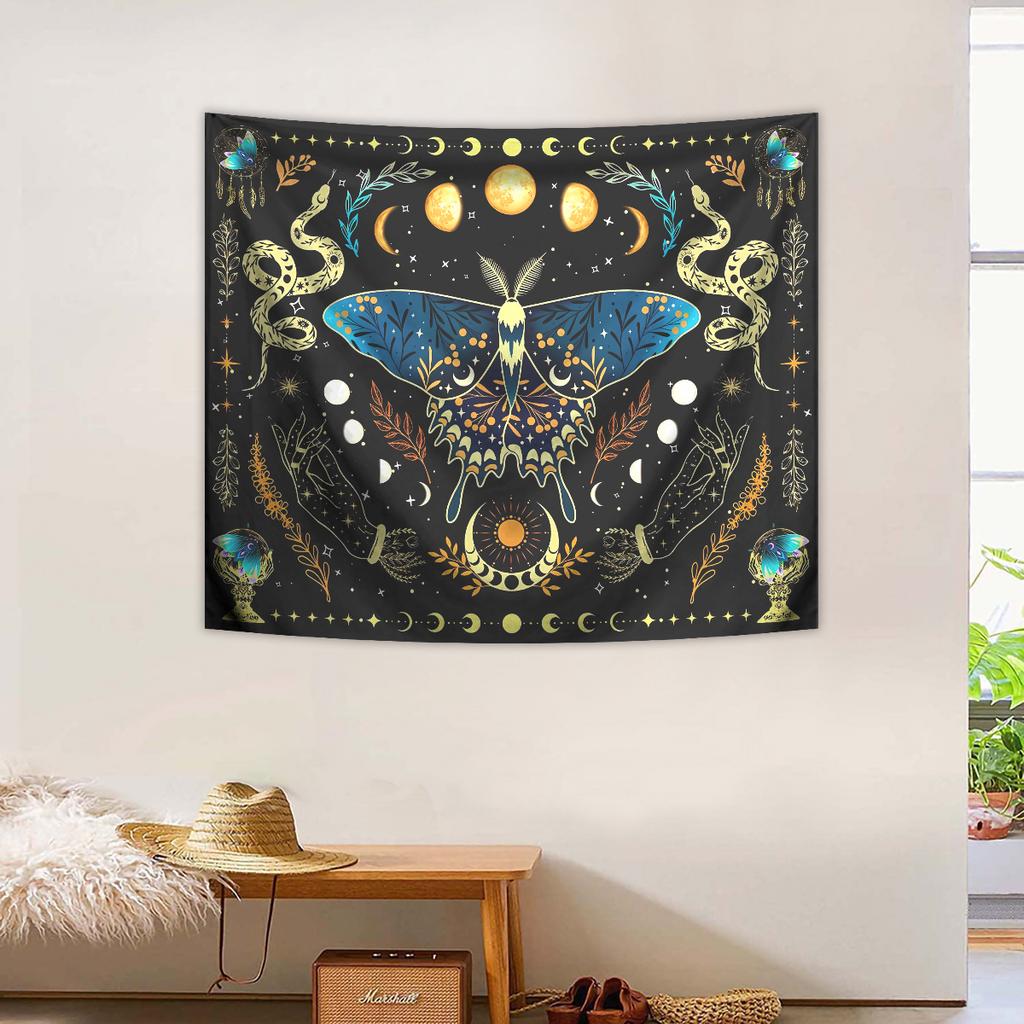 1pc Butterfly Moon Tapestry, Bohemian Plant Tapestry, Aesthetic Moth Snake Tapestry, Retro Plant Starry Sky Tapestry