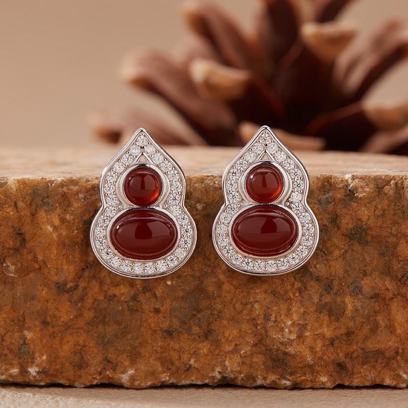 Natural Garnet Turquoise Hetian Jade Lapis Lazuli Nanhong Gourd Pendant Necklace Women'S Set S925 Sterling Silver Colored Treasure