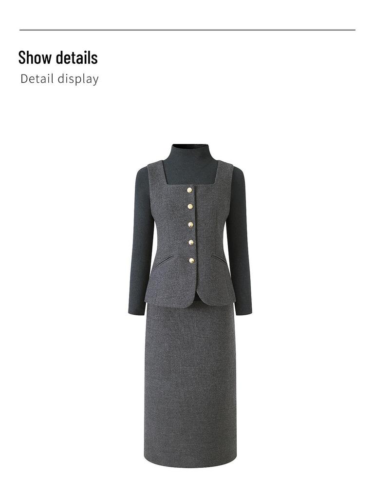 Women's Elegant Woolen Vest & Knit Base Layer with Back Slit Skirt Set