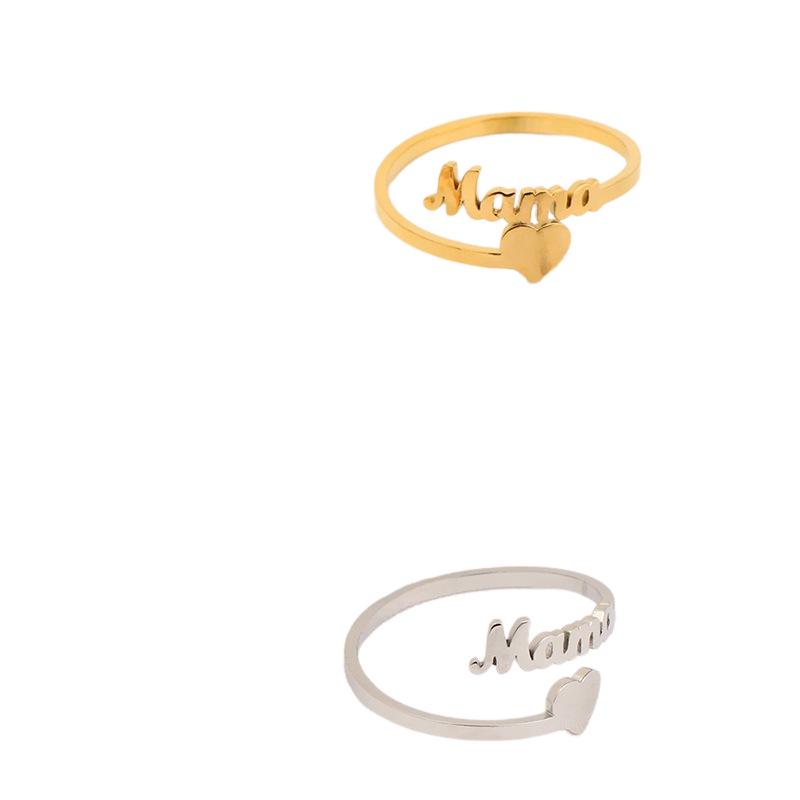 Creative Heart-Shaped English Letter 'Mama' Ring - Fashionable European and American Open Design