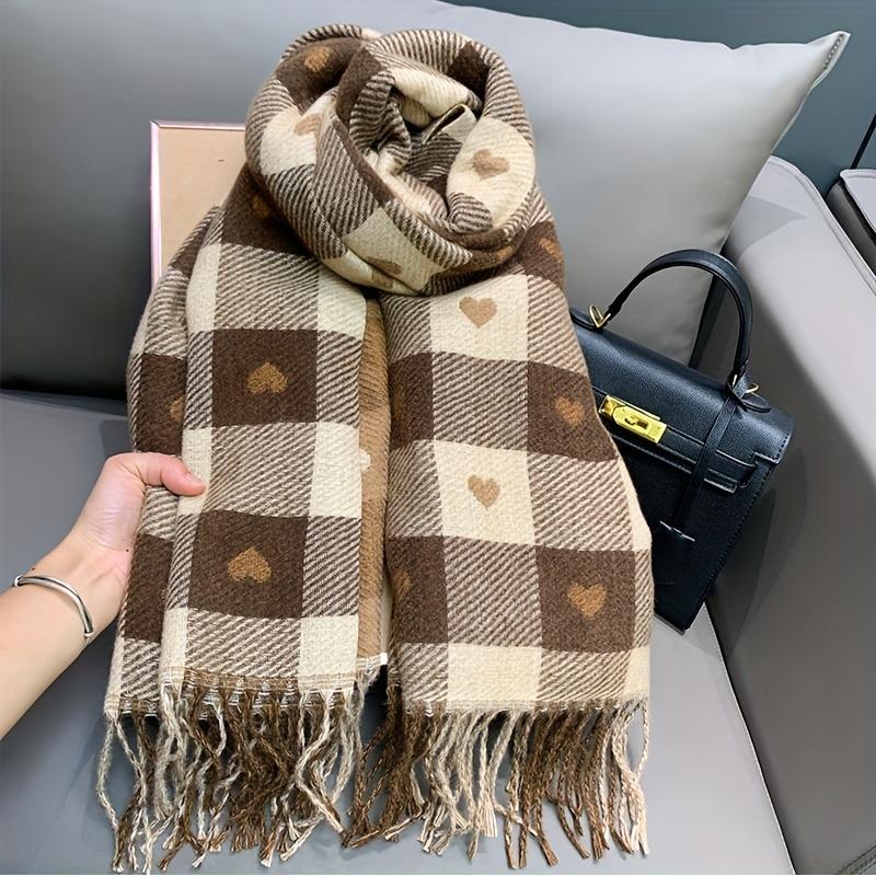 

Двусторонний шарф с узором «Любовные сердца» для женщин, теплая зимняя клетчатая повязка на шею, уютная шаль для осени и зимы, повседневный шарф с кисточками хаки