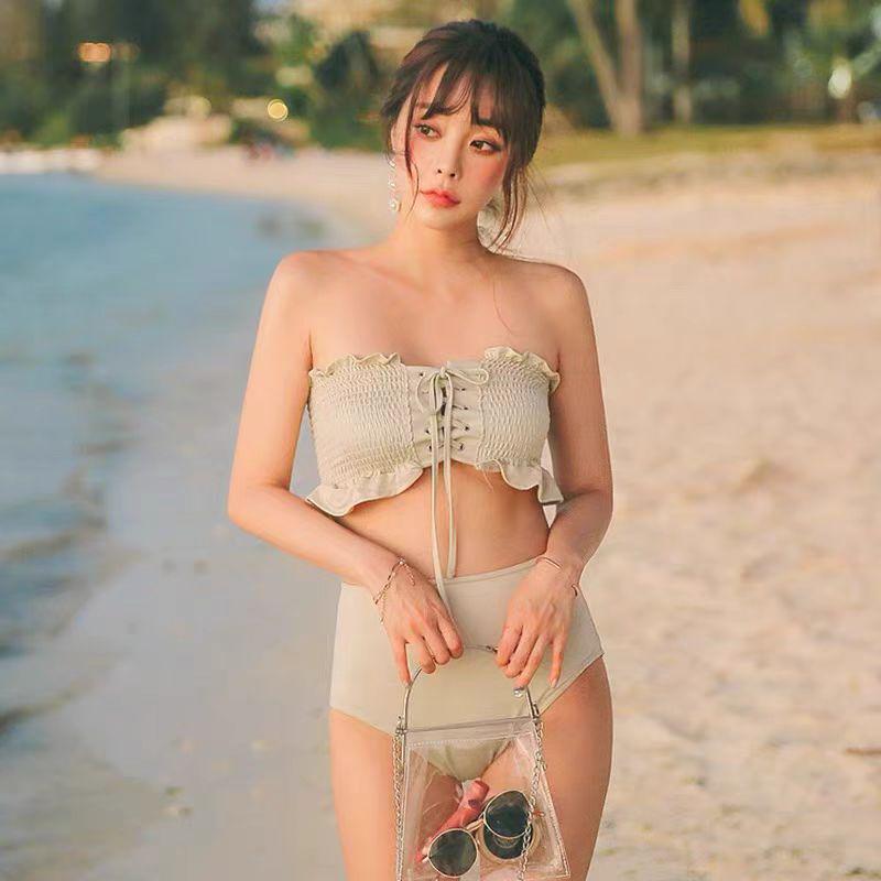 

2026 Korean Style Ruffled High-Waisted Bandeau Bikini - Sexy Two-Piece Swimsuit for Students Large