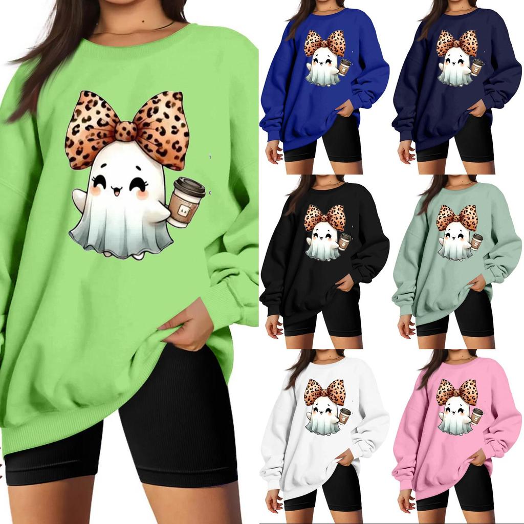 Women's Neck Long Sleeve Sweatshirt Casual Loose Fit Color Pullover with Halloween Print