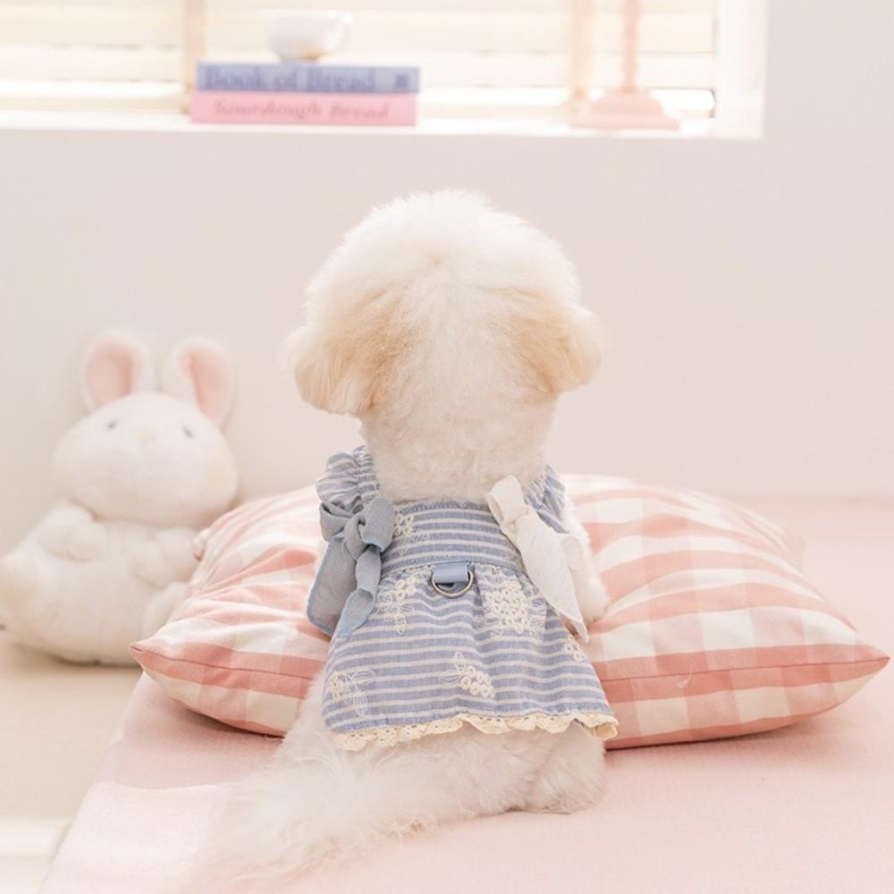 New Japanese-Style Small Dog Dress Bow Tie Striped Pattern Pet Dresses Lace Embroidery Flower Dog Clothes Spring Decor