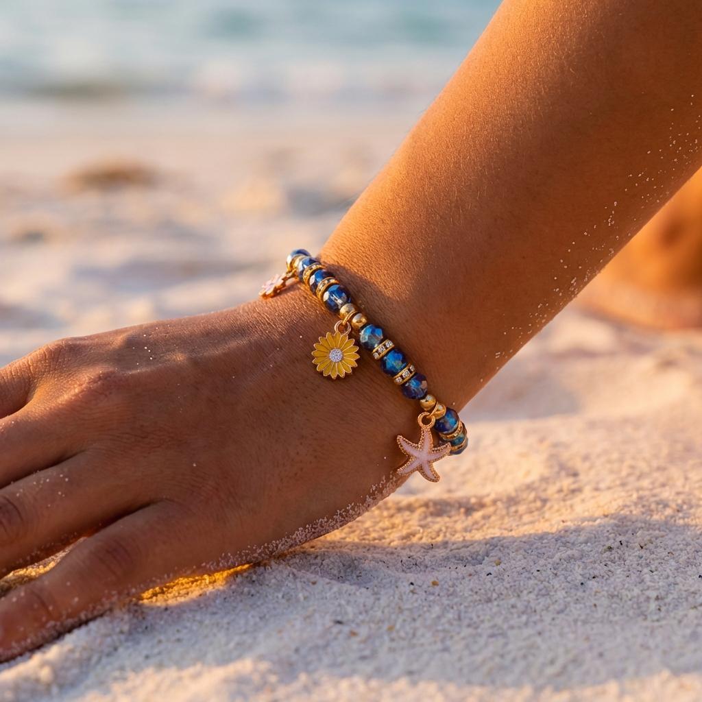 Bohemian Blue Crystal Beaded Bracelet for Women Gold Color Tone Starfish Sunflower Charms Elastic Hand Chain Summer Jewelry Gift