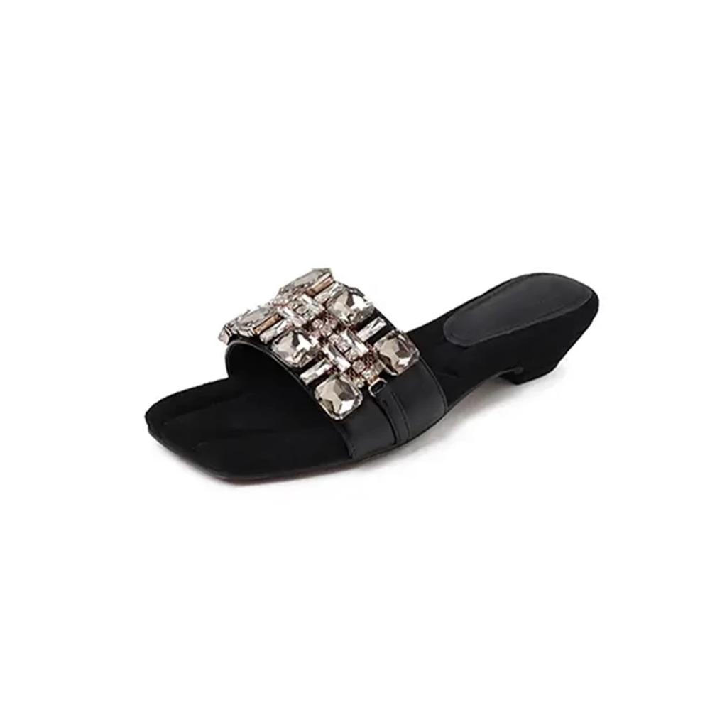 2025 New Shoes for Women Summer Outdoor Peep Toe Modern Slippers Solid Rhinestone Square Heel Advanced Sense Women's Slippers
