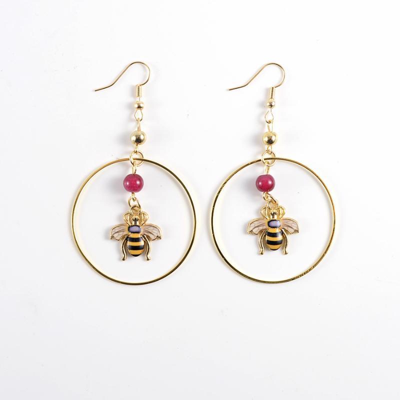Rust-proof Gold Plated Hoop Dangle Earrings Enamel Bee Charm Red Bead Accent for Women Casual Daily Wear Gift