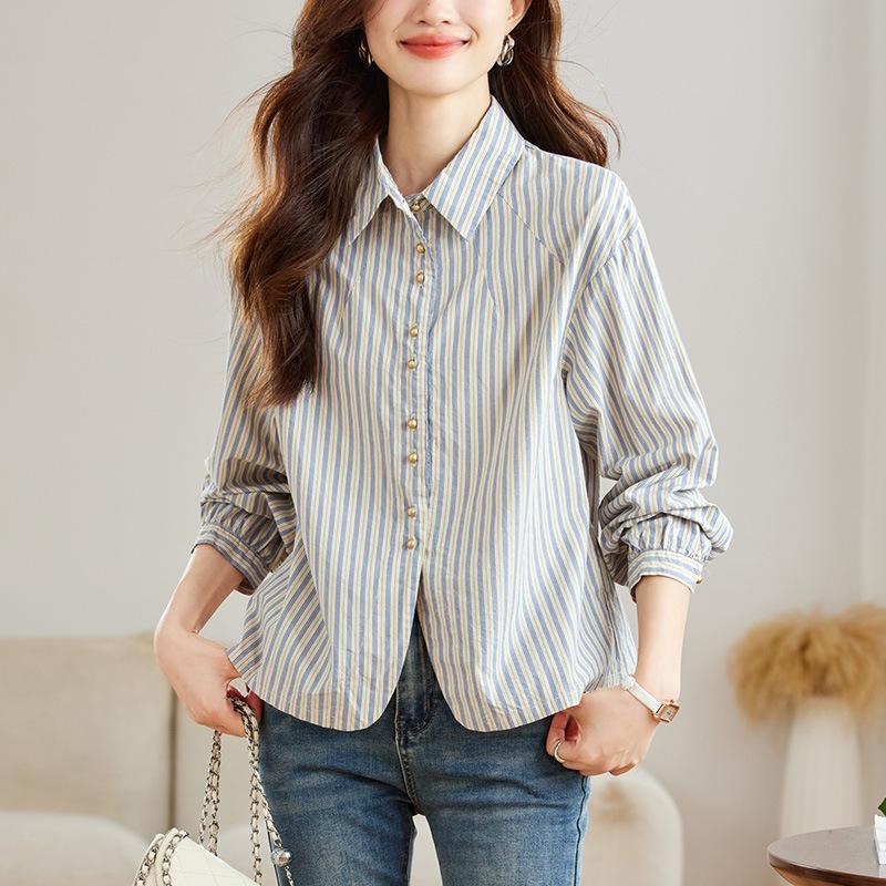 Dámská pruhovaná košile s klopami pro jarní oblečení Nové topy High-endová ležérní košile s perleťovými knoflíky
