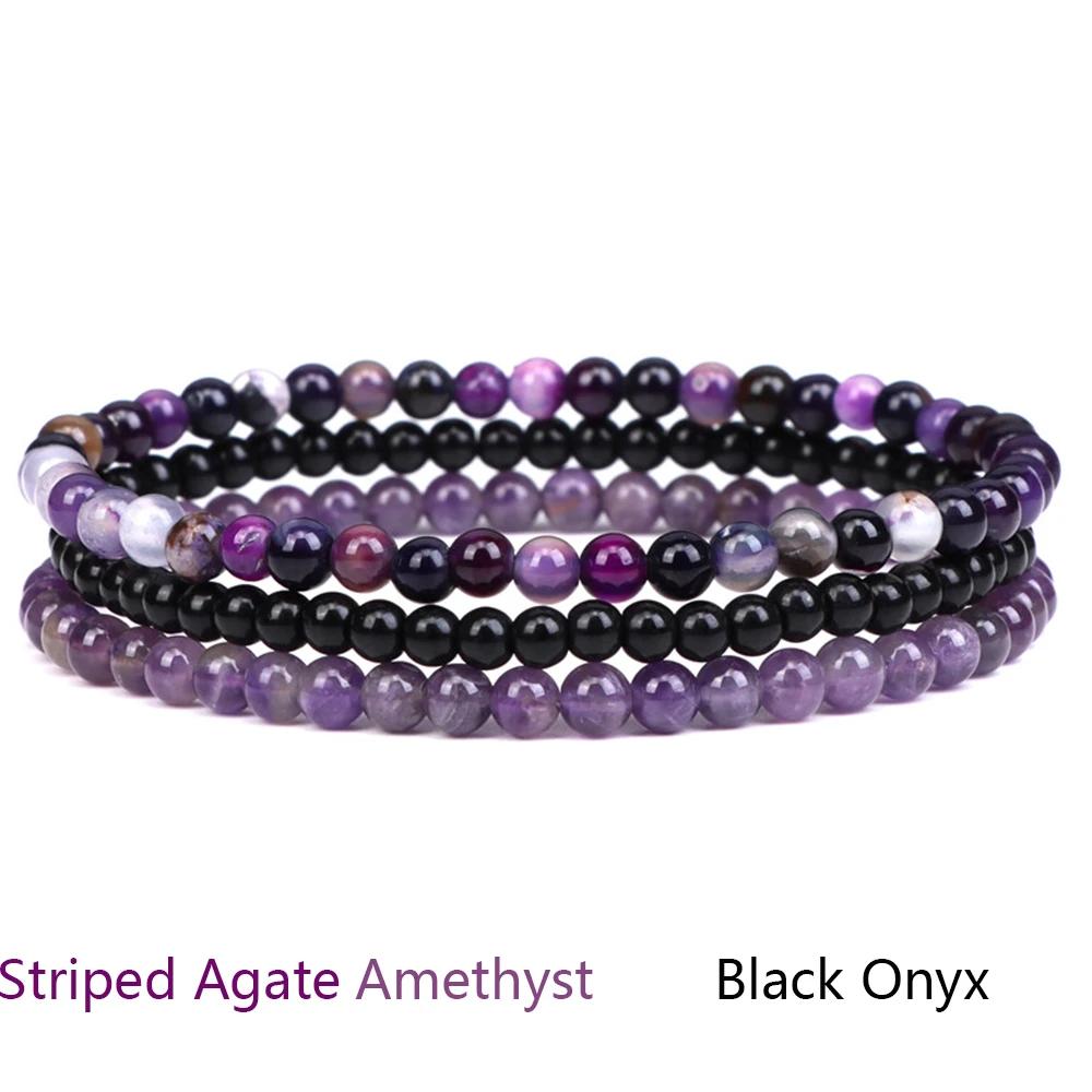 4mm Natural Stone Beads Bracelet With 3pcs Stones Rose Quartzs Amethysts Red Agates Turquoises Opal Bracelet Set For Women Men