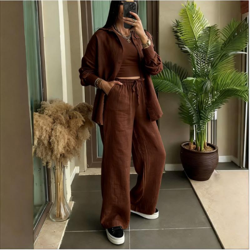 Spring Fashion Women's Plus Size Two-Piece: Linen-Style Shirt & High-Waisted Loose Pants