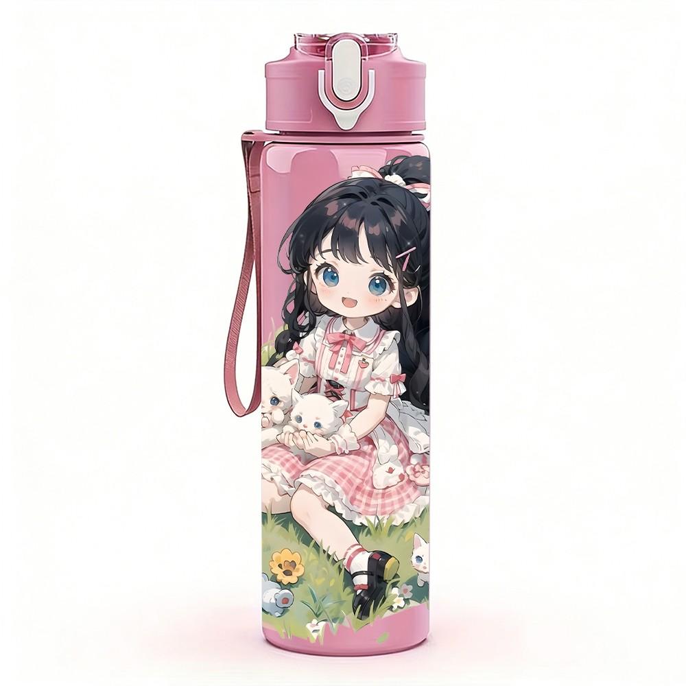 1PC Pink Dress Girl Plant Foliage Pattern 750ml Color Plastic Sports Water Bottle Leakproof Flip Straw Lid Suitable for Sports Office Home Use