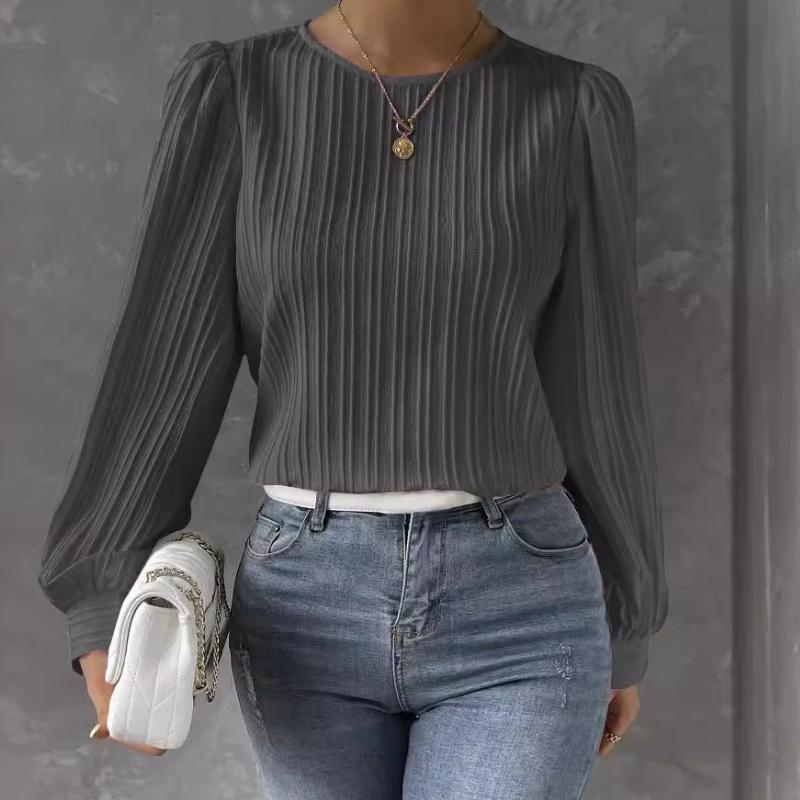 Women's Fashion Casual Spring Autumn Solid Color Print Long Sleeve O-Neck Blouses Shirts