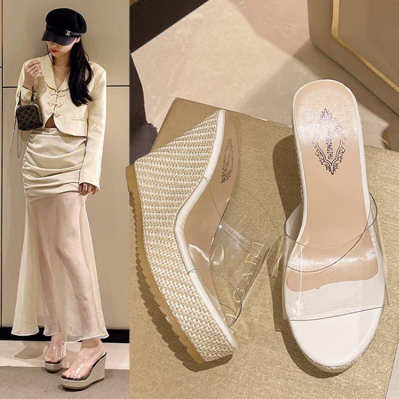Fashion transparent with wedge heels slippers summer woven bottom waterproof table women's shoes high-end one-word
