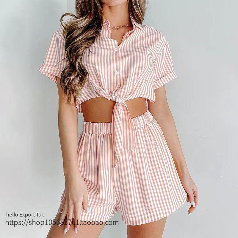 Fashion Summer Fashion Stripes Bandage Shirt Shorts Suit Striped Shirt and Shorts Set