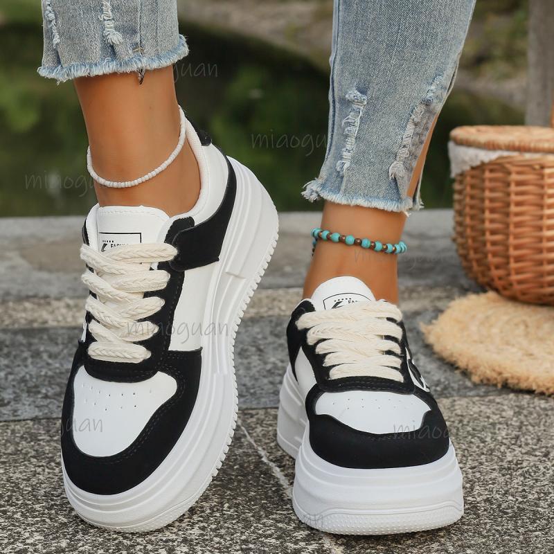 Fashion Fashion Thick Bottom Women 2025 Autumn Round Toe Stitching Decoration Lace Up Sneakers Non Slip Sports Shoes Zapatillas De Mujer