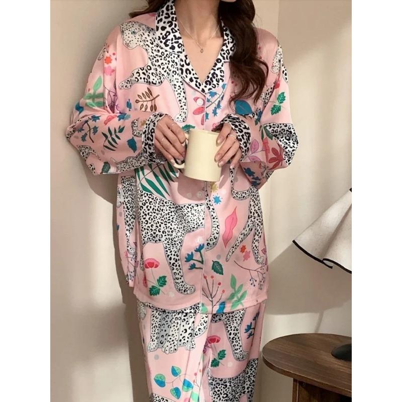 American Retro Pink Spotted Leopard Print Women Pajamas Idyllic Style Fashion Chic Homewear Spring Long Sleeve