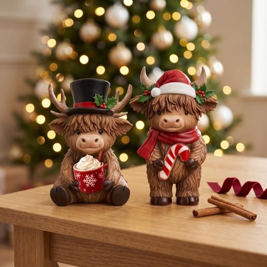 Harz Feiertag Haus Dekoration 2 Stück Weihnachten Hochland Rinder Figuren, Weihnachtsmann Rentier Kuh, mit Hut, Niedliches Kalb Schal Und Hut Heißer Kakao, für Garten