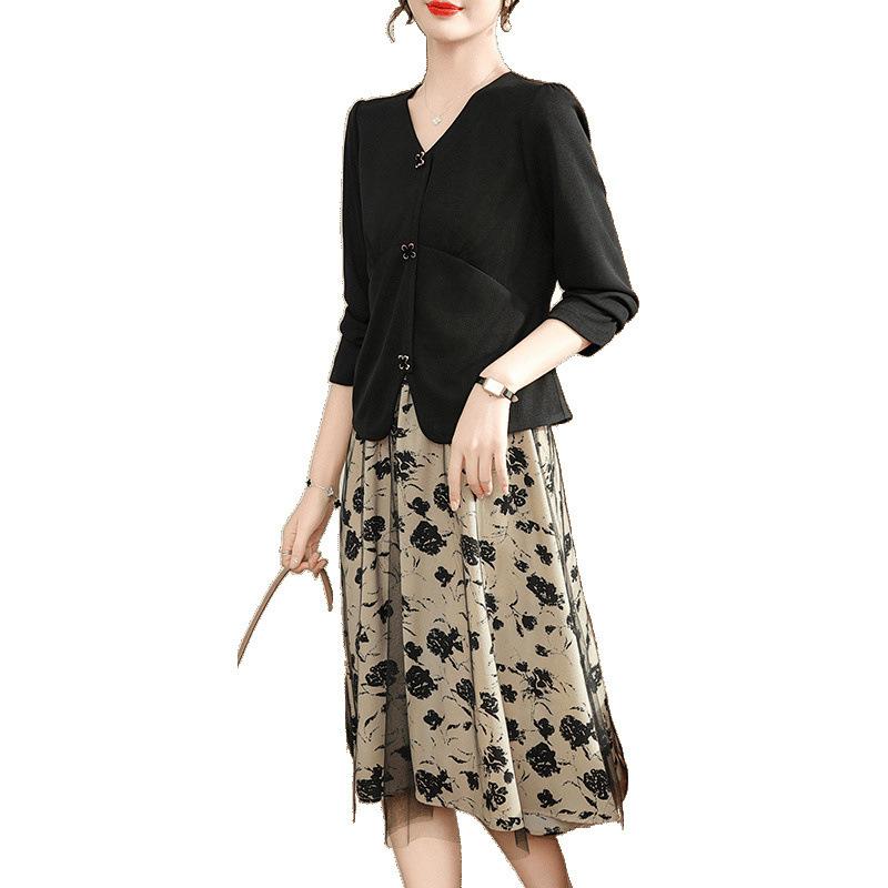 Middle-aged printed fashion suit mesh skirt summer dress new mother French slim temperament two-piece dress
