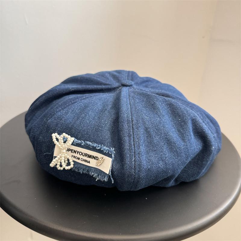 Ins Style Denim Beret Hat With Pearl Embellishments Cute And Stylish Headwear For Women