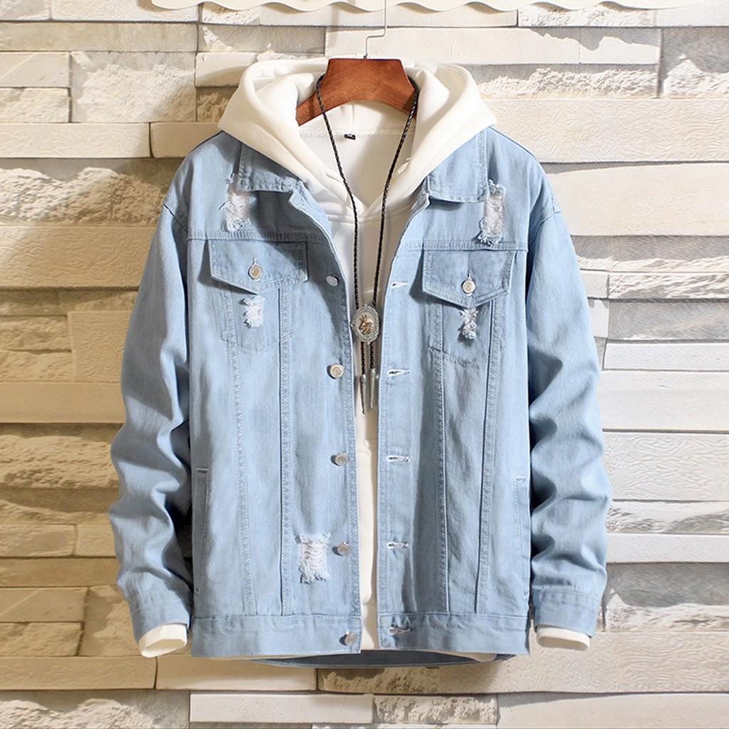 

Мужская Зимняя Джинсовая Куртка Пальто Топ Блузка Верхняя Одежда с Эффектом Потертости и Винтажной Стиркой L светло-синий