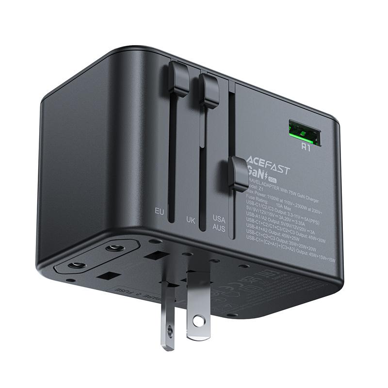 Acefast Z1 GaN 75W Fast Charging Travel Adapter - 3x USB-C & 2x USB-A - Black
