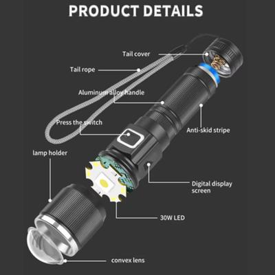 30W High-Power LED Tactical Flashlight with LCD Power Display Zoom Aluminum Alloy Rechargeable Emergency Torch Spotlight