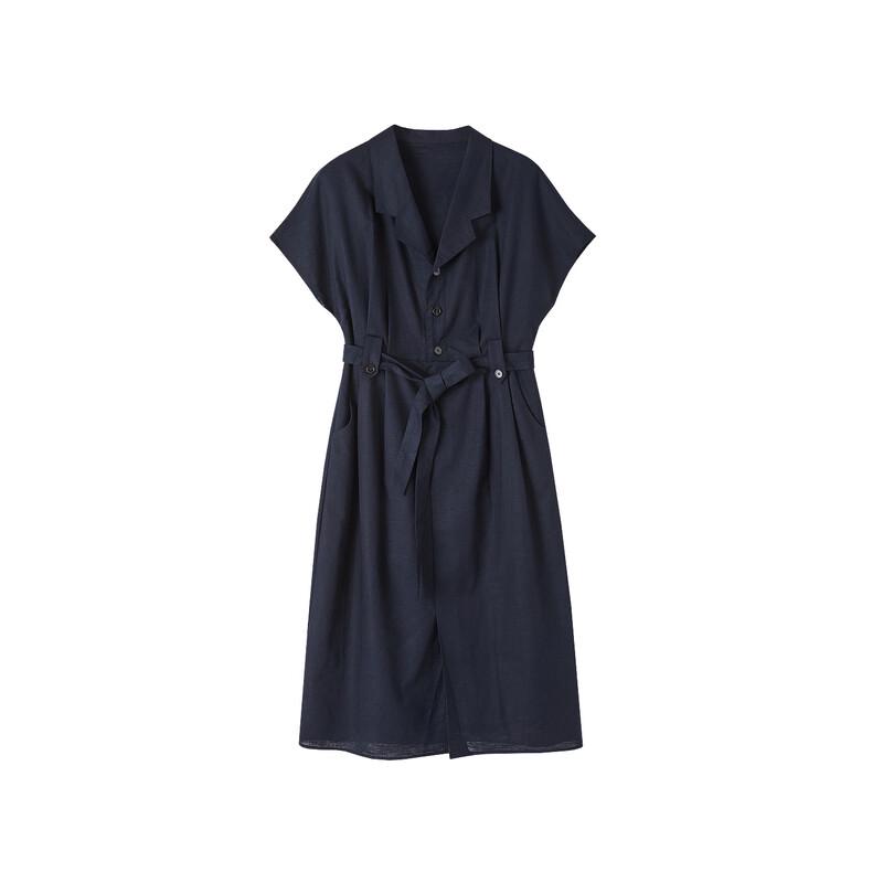 Demana Linen Blend Short Sleeve Lapel Tie-Waist Dress