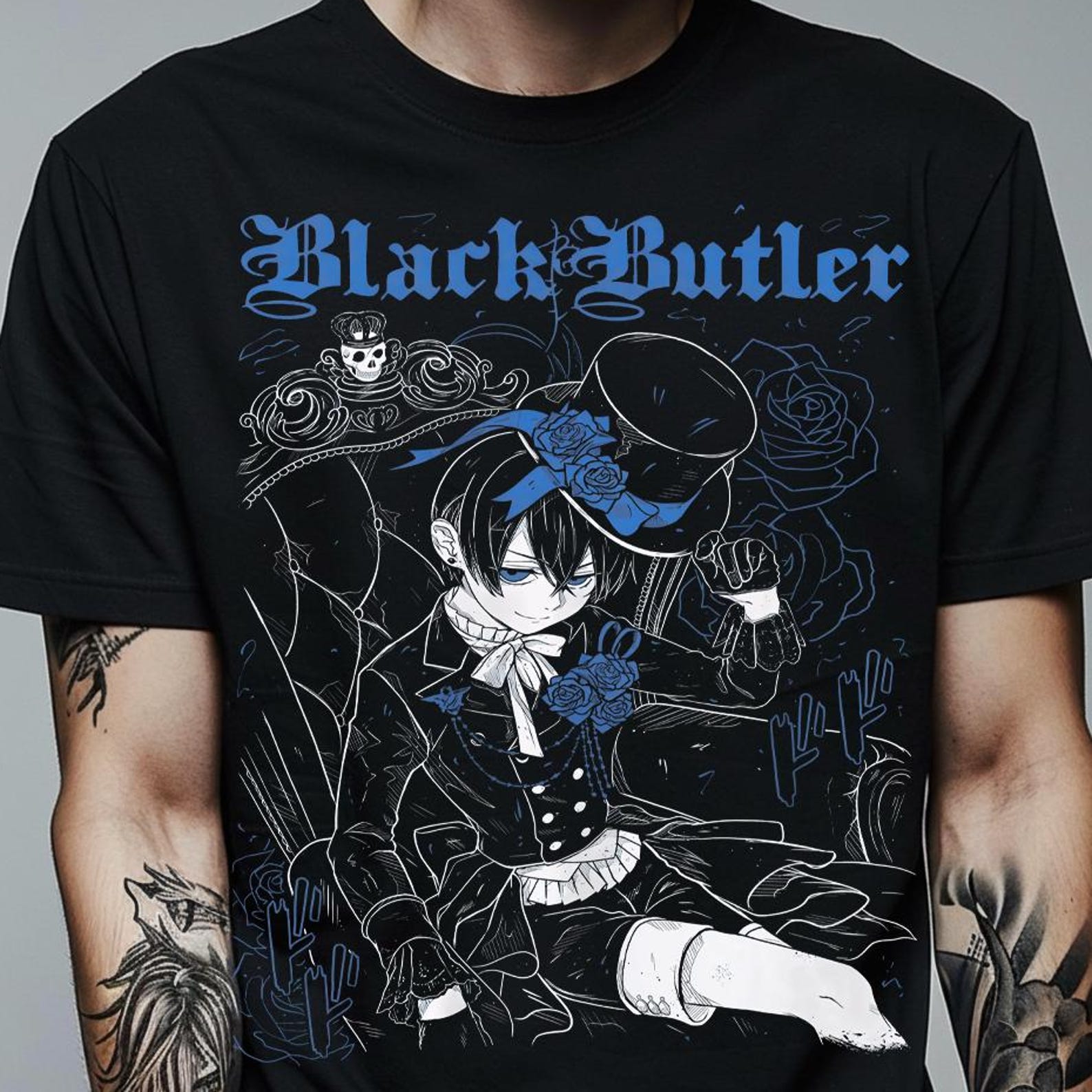 Unisex Black Butler Anime Shirt, Ciel Phantomhive & Sebastian Shirt, Toboso Yana, Japanese Anime Graphic Tee Kuroshitsuji Manga Gift T-Shirt M