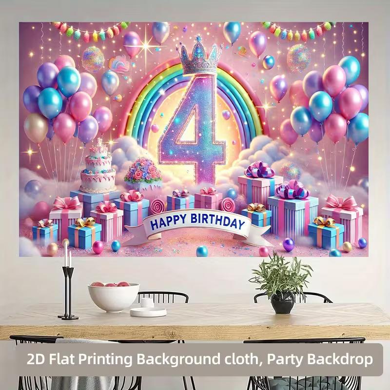 2D Kids 4th Birthday Backdrop with Gifts, Cake & Rainbow for Toddler Party