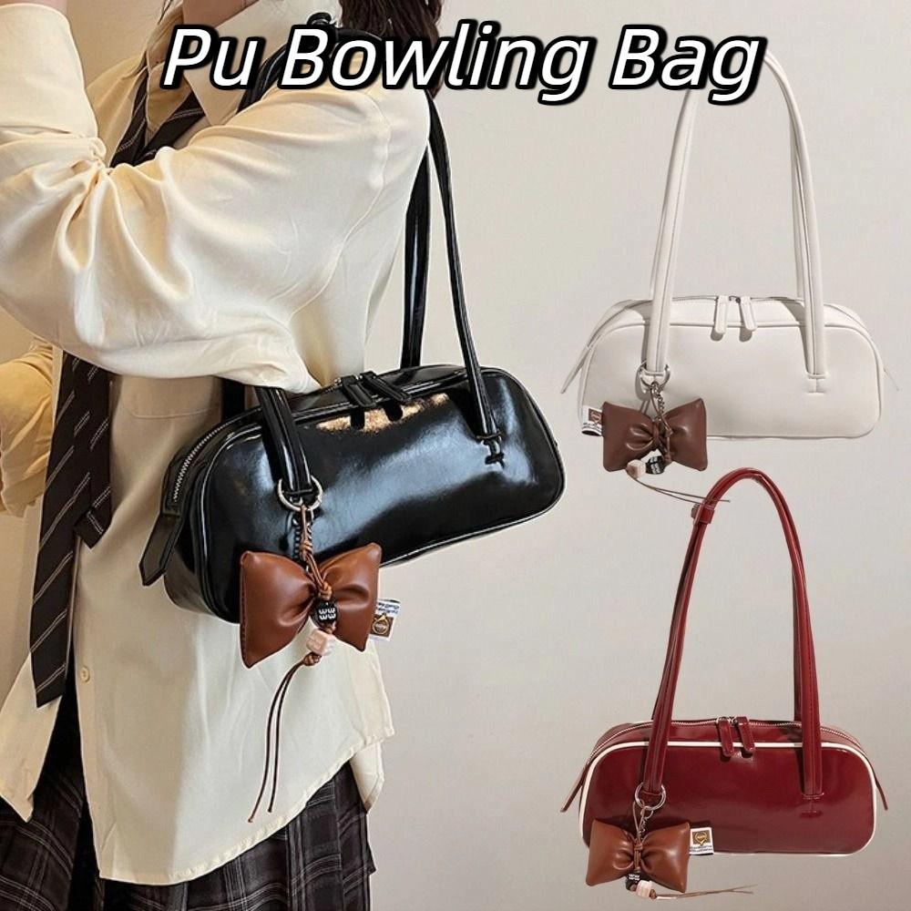 Elegant Pu Bowling Bag Large Capacity Women Handbags Vintage Boston Shoulder Bag Girls