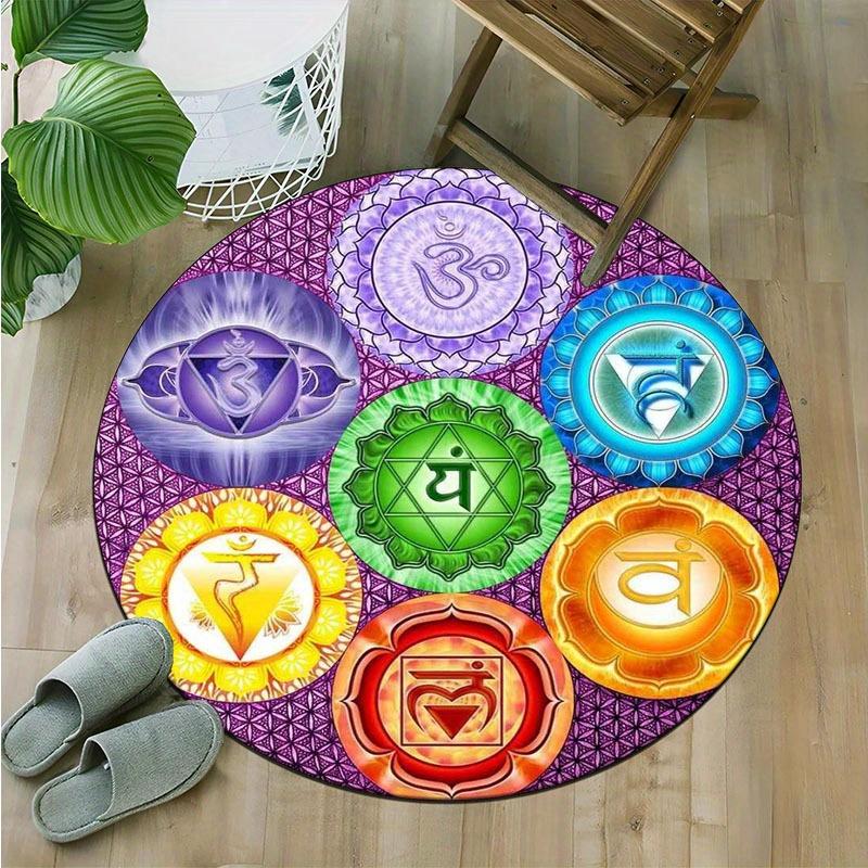 Vibrant Chakra Healing Meditation Round Area Rug, Mandala Pattern Non Slip Floor Mat for Yoga Home Bedroom and Outdoor Decor