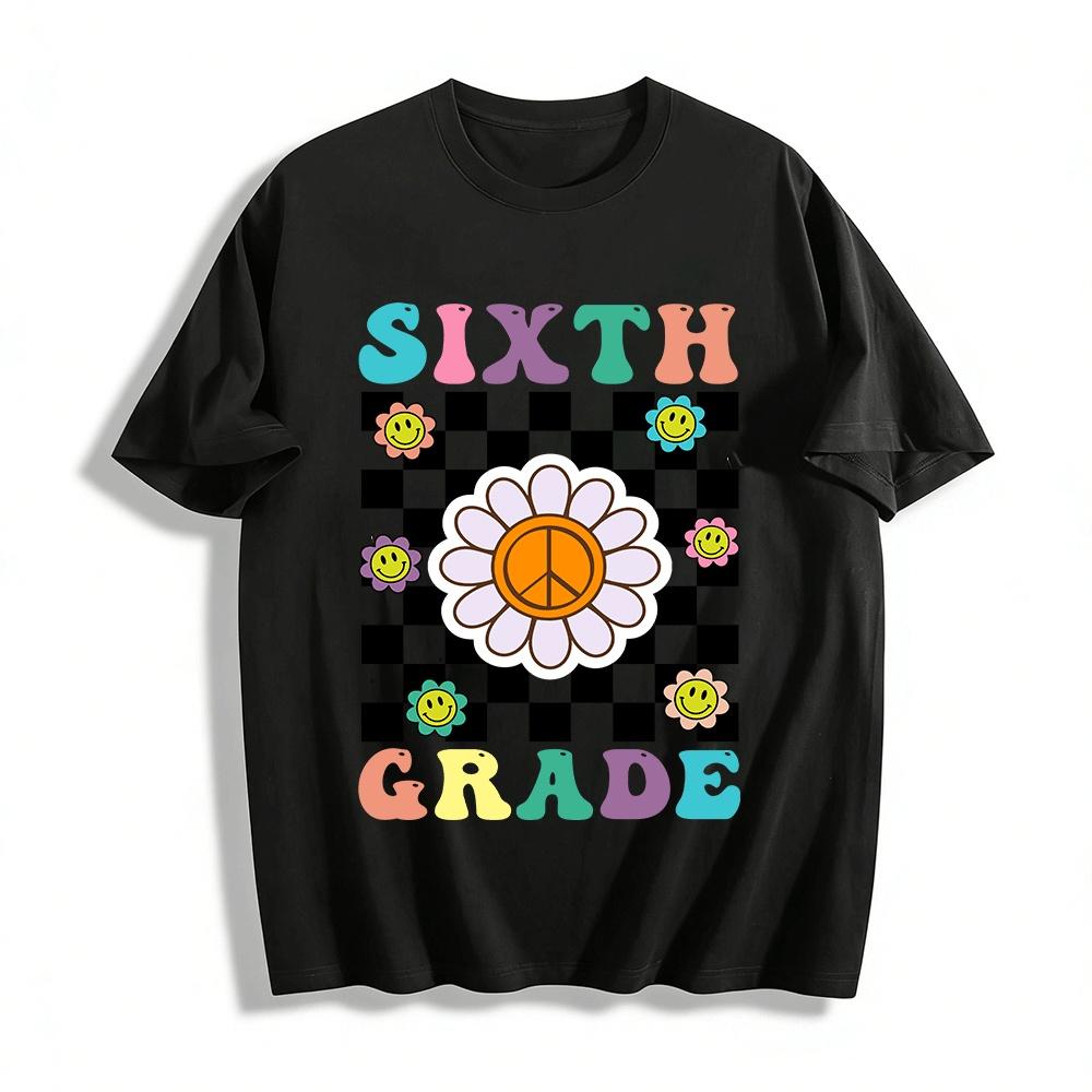 Groovy Sixth Grade Peace Sign Checkered Kids Top Pure cotton T-shirt XXS