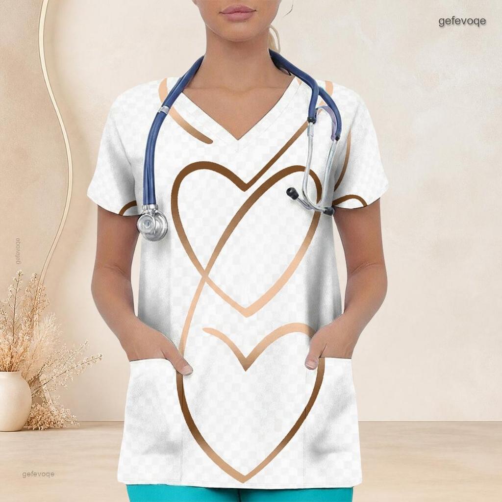 Women Plus Size V Neck Short Sleeve Scrub Top Leopard Heart Golden Feather Ornate Print Nurse Uniform Top