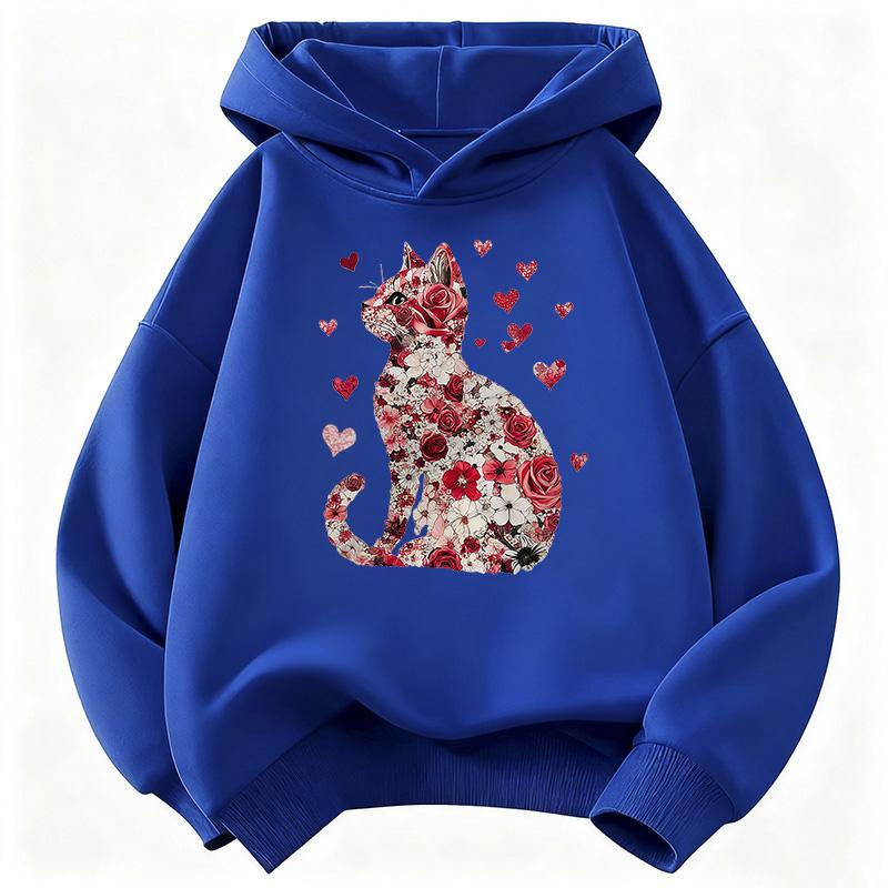 Lover Cat with Flower Deisgn Hooded Kids Children's Sweatshirt Cute Hoody for Boys Girls Autumn Winter Casual Hoodies