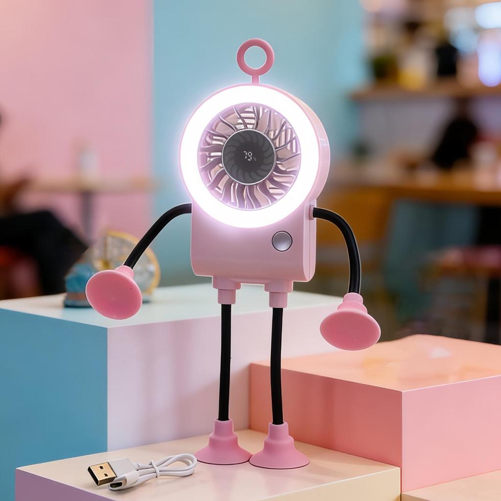 Desk Fan Robot Shape Personal Rechargeable Air Cooler With LED Light Portable Fan With Suction Cups For Home Kitchen Bedroom