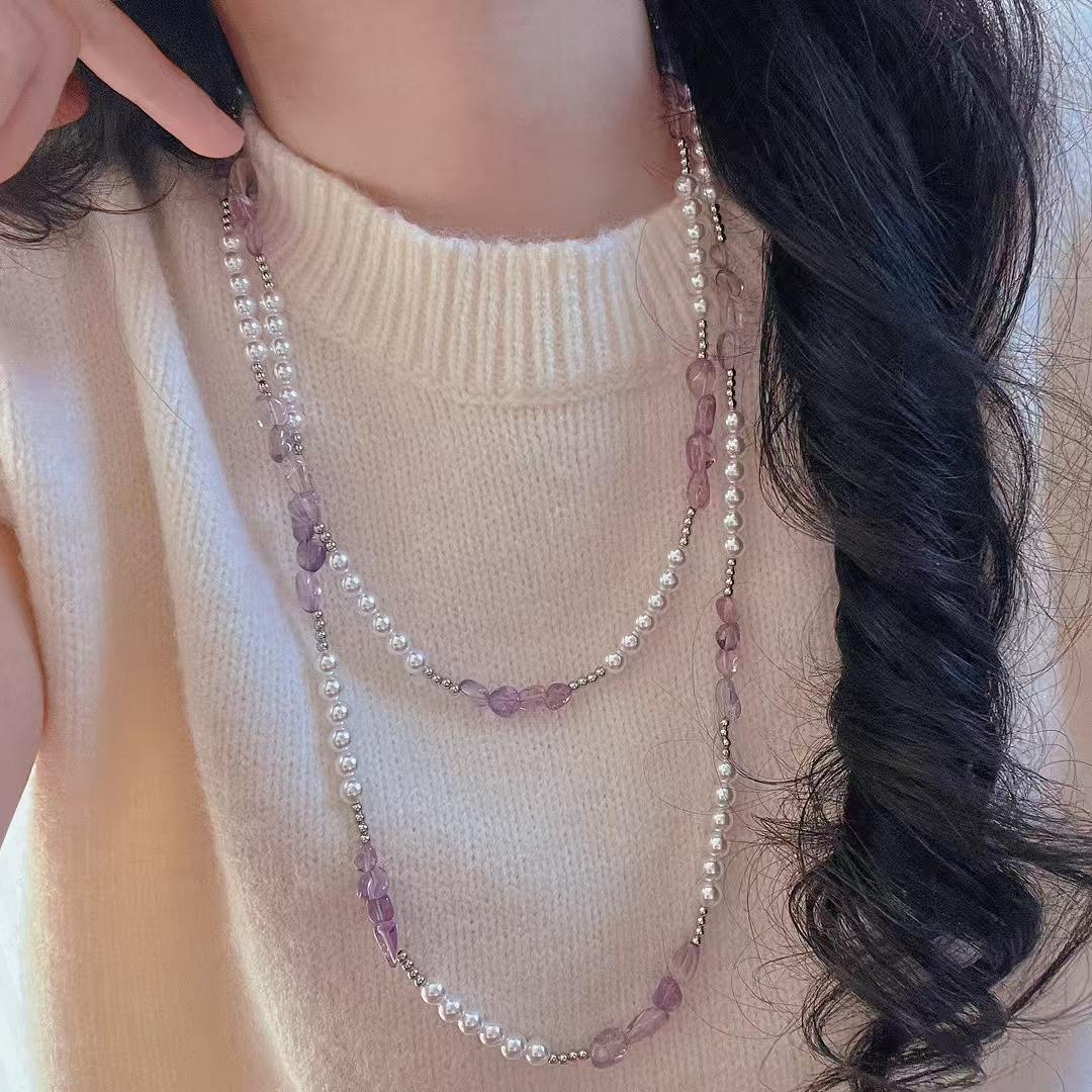 

Vintage Strong Light High Quality Natural Amethyst Artificial Crystal Pearl Necklace Collarbone Chain Sweater Chain