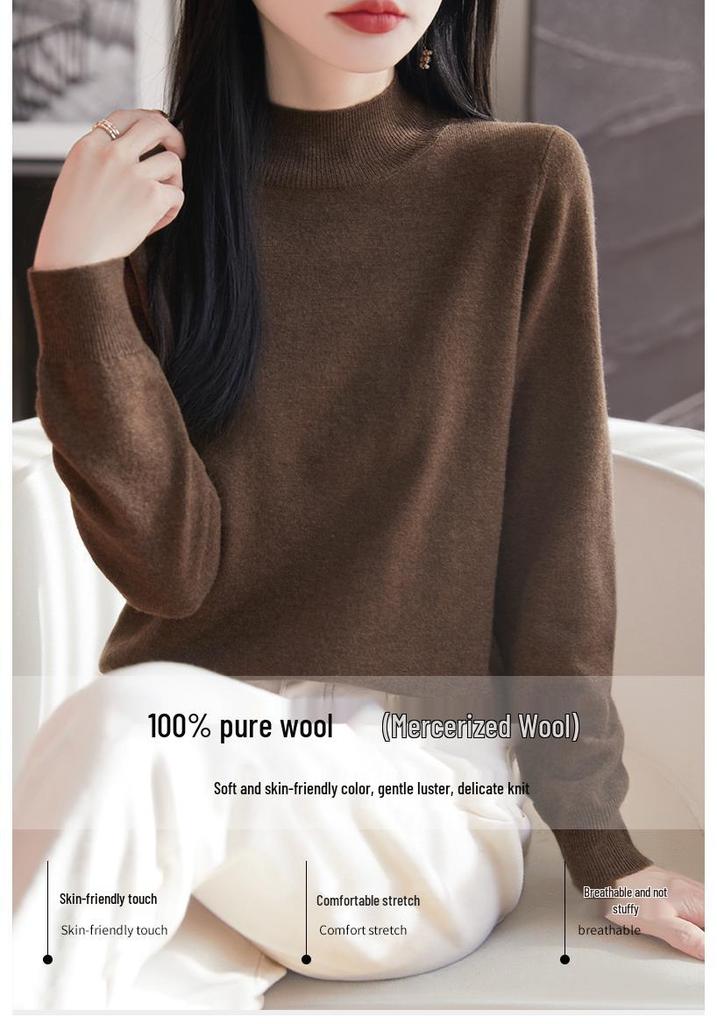 2025 Spring Women's Solid Color Half-High Collar Knit Wool Pullover Sweater