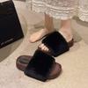 French thick-soled large-size one-word fluffy slippers for women to wear 2025 autumn and winter new fashionable height-increasing thermal slippers