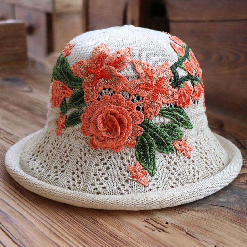 Vår og sommer etnisk vind broderi blomst sammenleggbar hatt dame strikkelue sandbøttehatt