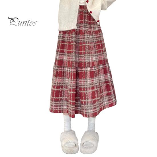 

Юбка шерстяная с высокой талией, женская клетчатая юбка с оборками и строчкой, юбка-трапеция, осенне-зимняя шерстяная юбка на каждый день M красный