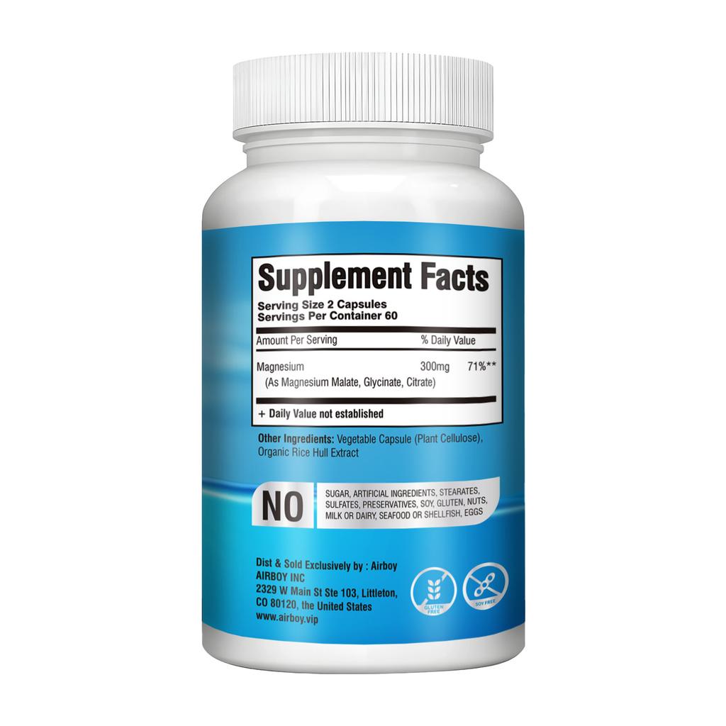 Airboy Triple Magnesium Complex 300mg Capsules 120 Count — Muscle Support, Bone Support, Daily Wellness